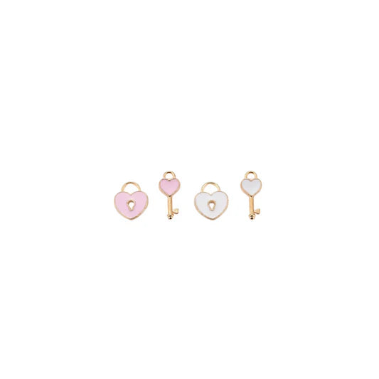 Heart Lock And Key Charm Set Pink White