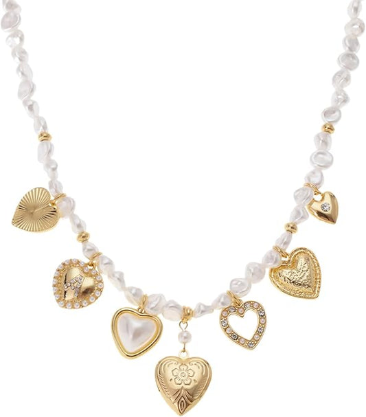 Vintage Pearl Heart Charm Necklace