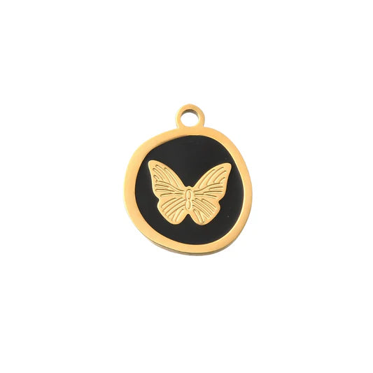 Enamel Black Butterfly Round Charm