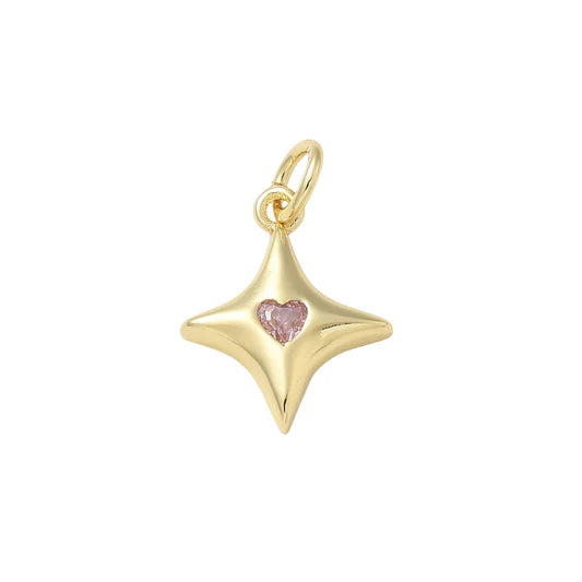 Gold 4 Point Star Pink Heart Crystal Charm
