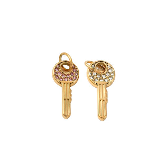Gold Crystal Key Charms Set Pink White