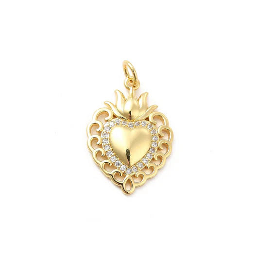 Gold Crystal Sacred Heart Filigree Flame Charm