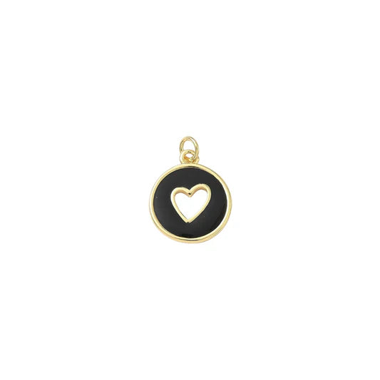 Gold Enamel Black Heart Round Coin Charm