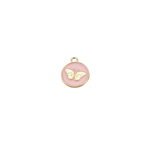 Gold Enamel Pink Butterfly Round Charm