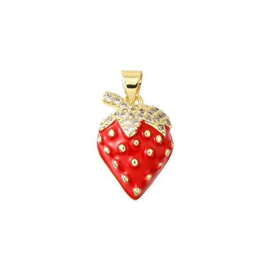 Gold Enamel Red Crystal Strawberry Charm