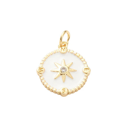 Gold Enamel White Compass North Star Round Charm