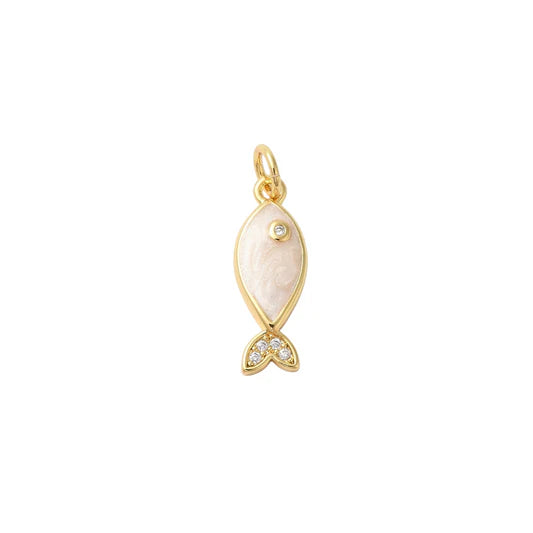 Gold Enamel White Fish Charm