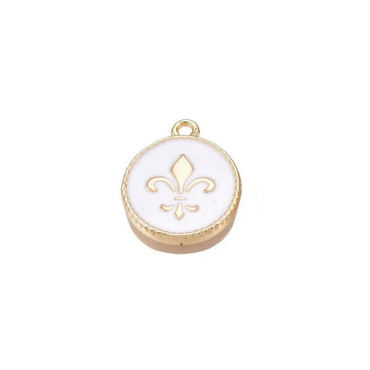 Gold Enamel White Fleur De Lis Round Charm