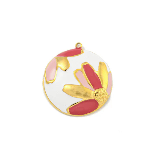 Gold Enamel White Floral Round Charm