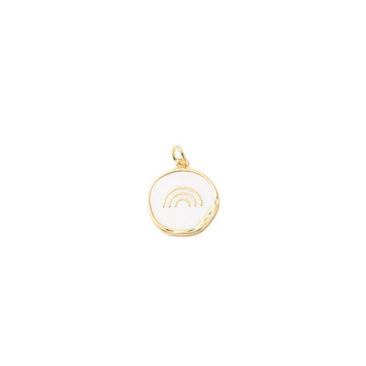 Gold Enamel White Rainbow Round Charm