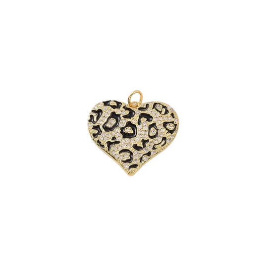 Gold Leopard Print Crystal Heart Charm