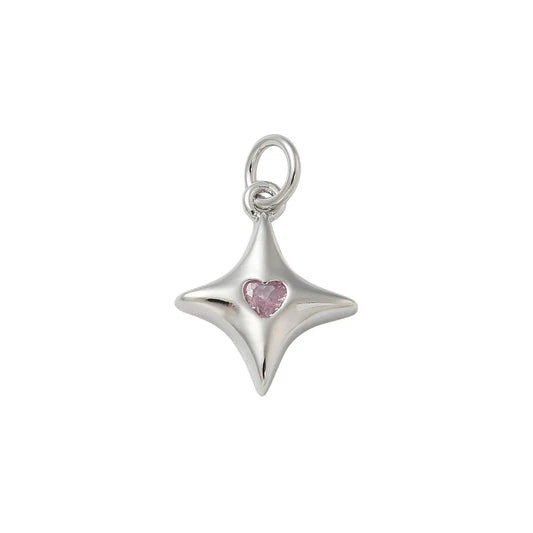Silver 4 Point Star Pink Heart Crystal Charm