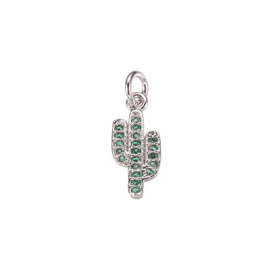 Silver Crystal Green Cactus Charm
