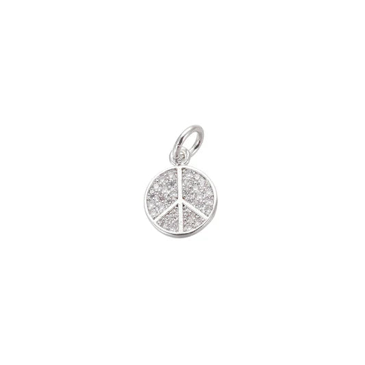Silver Crystal Peace Sign Round Charm