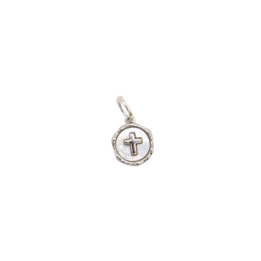 Silver Mother Of Pearl Cross Round Charm