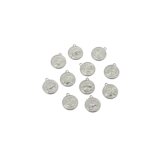 Silver Zodiac Disc Charms Set 12 Signs